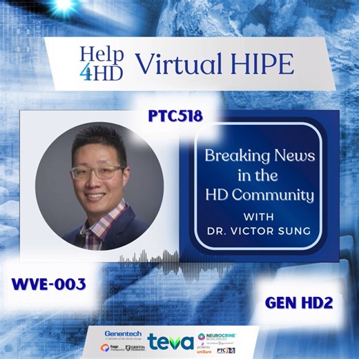 Ask Dr. Sung about the POSITIVE NEWS in the HD community!💙 As these trial results bring #hope, we realize they also bring many questions. Dr. Victor Sung is the Director of the UAB #HD Clinic and prominent Principal Investigator in current #HDResearch trials. Bring your questions to virtual HIPE this Saturday to get insights from the #HDExperts! #Help4HDHIPE2024 #HuntingtonsDisease #HopeforHD #PTCTherapeutics #WaveLifeSciences #Genentech Sign up on the app for givaways! App link: https://rb.gy/