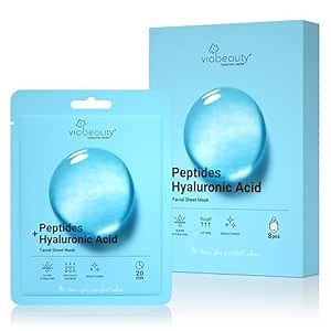 VIABEAUTY 8 Pack Hyaluronic Acid Face Mask with Peptides Complex - Deep Hydrating & Brightening Facial Sheet Mask - Moisturizing Face Masks Skincare Facial Sheets for All Skin Types
