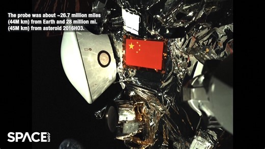 China's Tianwen-2 spacecraft captured a selfie with Earth when it was about 26.7 million miles (44M km) from Earth and 28 million mi. (45M km) from asteroid 2016HO3. Credit: Space.com | footage courtesy: China Central Television (CCTV) | edited by Steve Spaleta | Space.com