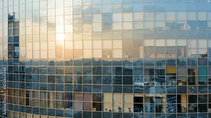 Skyscraper office glass building exterior with sunset sky reflection in the windows. Aerial side view