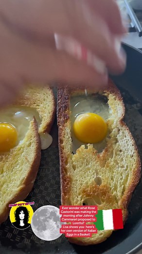 Do you know the scene in #Moonstruck when Loretta comes downstairs after Johnny Cammareri proposes to her? As she shuffles around the kitchen and gets ready to eat with her mother (and talk about the next steps in her life...) Rose Castorini, Loretta's mother, is making the classic #Italianamerican breakfast #Uova in #Carrozza. These #Italian #Eggs in a Basket are a favorite in Lisa's house (as is the movie- quotes from Moonstruck are some of the most quoted by Lisa and her children!). Over the