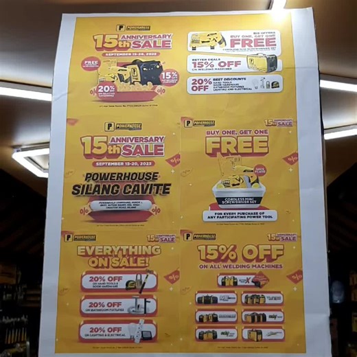 🎉 Come & Celebrate PowerHouse’s 15th Anniversary with us! 🎉 15 years of power, trust, and quality tools 💪 📅 September 15–20 lang! 🔥 15% OFF sa lahat ng Welding Machines 🔥 Buy 1 Get 1 FREE Cordless Mini Screwdriver Set sa bawat purchase ng participating Power Tools 🔥 20% OFF on selected categories Don’t miss out! Tara na sa PowerHouse Tools Silang 🚀🛠️ DTI Fair Trade Permit No. FTEB-236320 Series of 2025 #PowerhouseTools #powerhousesilang #15thAnniversarySale #15YearsofPower