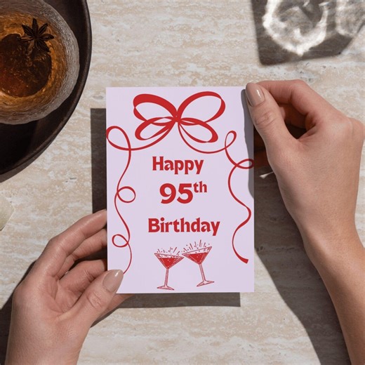 Minimalist 95th Birthday Card: Red Bow Champagne Toast - Etsy
