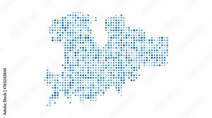 Mykonos dotted digital map. Map of Mykonos with pulsating colored circles. Shape of the island filled with blue disks. Cool video.