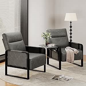 Upholstered Living Room Chair Armchair Set of 2, Mid Century Faux Leather Metal Accent Chair, Reception Couch Slipper Club Lounge Chair Guest Comfy Single Sofa with Sidetable for Bedroom-Grey