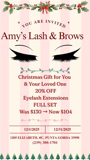 ✨ Christmas Special — Full Set Eyelash Extensions 20% OFF! Now only $104 for a soft, full, natural look that lasts through every holiday party. No mascara. No smudging. Just wake up beautiful — all season long. 🎁 Gift Cards Available Perfect for moms, daughters, best friends — and yes, this discount applies to gift cards too! 💖 Limited holiday spots 💖 New clients & existing clients welcome 💖 Book now before we fill up 📞 239-300-1701 📍 1205 Elizabeth, #C, Punta Gorda, FL 33950 ✨ Book your C