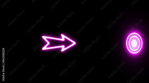 Bow arrows fly over target animation. Neon target target with arrow on black background. With a bright effect animated neon arrow target board icon.