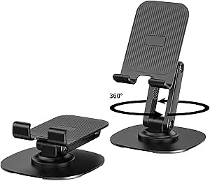 360° Rotating Cell Phone Stand for Desk, Adjustable & Foldable Phone Holder, Aluminum Desktop Phone Stand with Anti-Slip Base, Compatible with iPhone, iPad, Android Phones, K69-Black