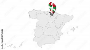 Location Basque Country on map Spain. 3d Navarre flag map marker location pin. Map of Spain showing different parts. Animated map Autonomous communities of Spain. 4K. Video