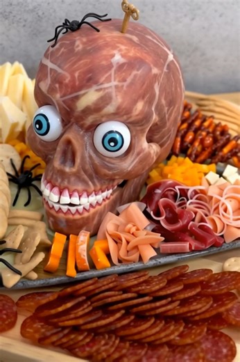 Prosciutto Head Snack Idea – Halloween-Inspired Recipes This Halloween food recipe is one I made for my kid’s Halloween party, and it’s my spooky favorite every year. It’s always a big hit and very simple to make. Perfect as a centerpiece on a spooky charcuterie platter. Start by sanitizing a plastic skull, wrap the entire skull with prosciutto then use cream cheese to glue in eyeballs. Serve on a platter with crackers, meats and cheeses, salami. #halloweenfood #halloweenfoodideas #SpookySeason 