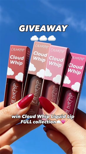#GIVEAWAY THREE people will win our NEWEST lippie — the full collection of Cloud Whip Blurring Liquid Lipstick. 🙌 12 soft-blurred cool, warm & neutral shades with plush ingredients that will keep your lips on cloud 9. ☁️🌷✨ HOW TO ENTER: 1️⃣ Like this post 2️⃣ Follow @colourpopcosmetics 3️⃣ Comment the Cloud Whip shade you want to try! 💋💖 BONUS: Share this post to your page! Giveaway ends on January 6th at 1:00 pm PT. Winners will be chosen & announced in this post by January 15th. See the li