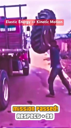 Simple Physics: He builds kinetic energy using elastic energy, avoiding lifting the heavy tire.