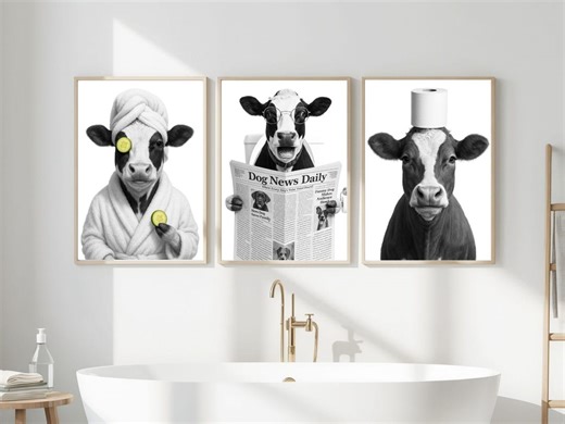 Set of 3 Funny Cow Bathroom Prints, Printable Wall Art, Bathroom Art, Bathroom Wall Decor, Animal in Toilet - Etsy