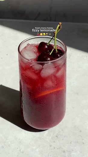 Fresh Cherry Honey Fizzy Lemonade 🍒🍯🍋🍹 This drink will refreshen up your day! INGREDIENTS •1 cup (150g) Pitted Fresh Cherries •1/2 cup water •1/4 cup (75g) Honey •1tsp Lemon zest •1/4 cup (55g) Fresh Lemon Juice •Sugar free Soft fizzy drink or club soda, as required TO MAKE CHERRY SYRUP •Add pitted fresh cherries, water and lemon zest in a saucepan, bring to a boil then reduce heat and let it simmer until cherries are mushy and soft (about 15 minutes). •Turn off the heat and add 1/4 cup hone