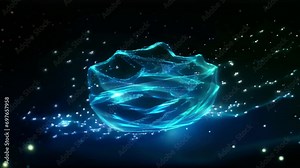 An image of a blue glowing iceberg floating in darkness, blending into a space resembling a star-studded night sky and sea.