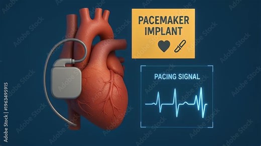 Pacemaker implant device attached to heart model with pacing signal display illustrating cardiac rhythm regulation medical technology treatment for heart rhythm and cardiac health monitoring
