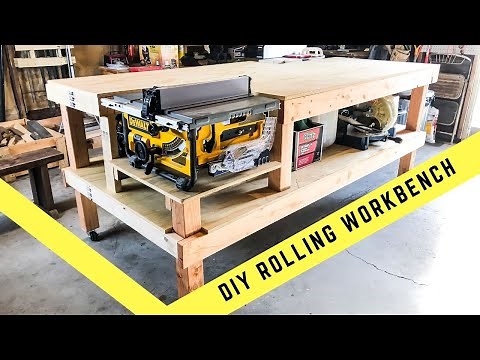 HOW TO MAKE A ROLLING TABLE SAW AND JOINTER WORK BENCH // DIY Work Bench for Small Woodworking Shop