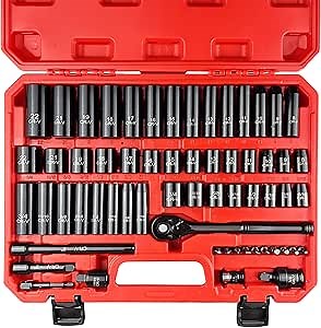 61pcs 3/8" Socket Set, Drive Deep Impact Socket Set, Including 3 ", 6" Impact Extension Bar, Standard SAE (5/16 to 3/4”) and Metric (8mm-22mm),Cr-V Steel