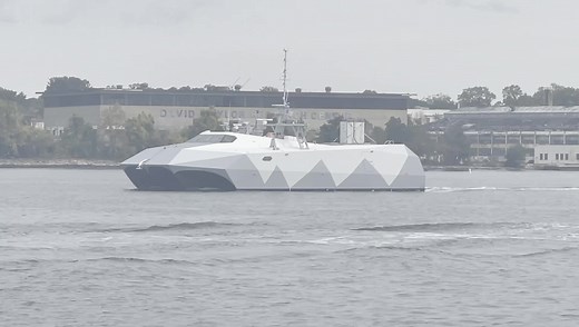 Sporting a paint scheme inspired by WWII-era dazzle camouflage and the jagged outline of the F-117 stealth attack aircraft, the M80 Stiletto visited the U.S. Naval Academy this week. The experimental carbon-fiber ship with an “M-hull” was designed for speed, strength and stealth. | U.S. Naval Institute