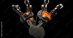 Zooming To Powerful V8 Engine. Pistons And Crankshaft In Motion. Ignition And Explosions. Technology And Industry Related 3D Animation. Luma Channel Available.