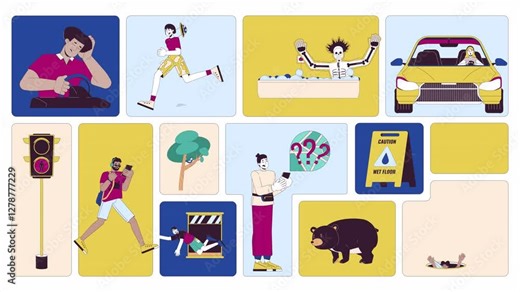Safety hazards in daily life animated bento grid layout. Dangerous actions. Everyday risks, unexpected dangers 2D animation flat cartoon ui collage design. 4K video motion graphic collection Stock Video