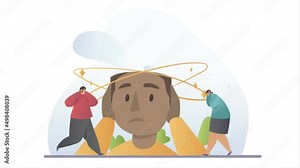 Confused people video concept. Moving man doubts, thinks, asked questions and makes decision. Worried character with stress gestures solves problems. Flat contemporary graphic animated cartoon