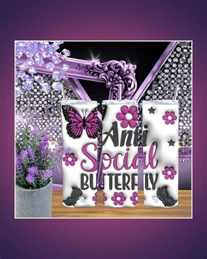 Anti Social Butterfly 20oz Tumbler • 3D Puffy Pink Stainless Steel Cup • Funny Introvert Gift for...