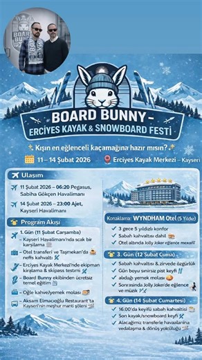 BoardBunny | Ömer Kaya on Instagram: "🐰 BOARD BUNNY Erciyes Kayak & Snowboard Organizasyonu 📅 11 – 14 Şubat 2026 📍 Erciyes Kayak Merkezi – Kayseri Kayak, snowboard, müzik ve eğlencenin zirvede buluştuğu premium kış organizasyonu. 🎿 BOARD BUNNY NEDİR? Board Bunny; kayak ve snowboard tutkusunu, müzik, eğlence ve güçlü bir topluluk ruhuyla birleştiren özel bir kış organizasyonudur. Erciyes’in zirvesinde, 5 yıldızlı konaklama, seçkin lezzet durakları ve eğlence programlarıyla katılımcılarına unu