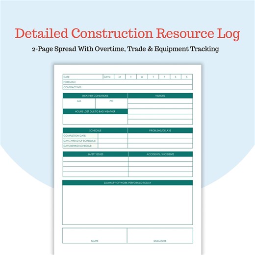 Construction Daily Site Log - 2 Page Report - Employee Overtime Tracker - Trade and Hours Log - Google Docs and PDF - Etsy