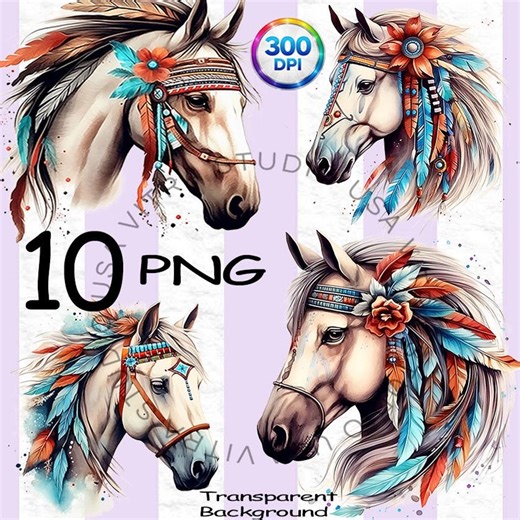 10 Native American Horse Clipart PNG, Tribal Western Horse With Feathers, Watercolor Spirit Animal Art, Commercial Use Graphics V177 - Etsy