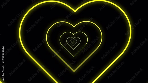 Yellow heart infinite Tunnel background animation, heart glowing tunnel loop background animated with alpha channel.