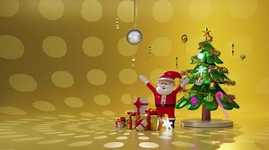 Christmas tree with santa claus, ball disco lights, snow flakes, ornaments, gift box in gold composition for modern stage display, concept christmas and festive New Year, 3d render animation