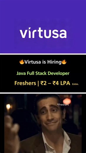 Lets Get Hired on Instagram: "At Virtusa, full stack developers don’t just code… they solve business problems through tech 🧠⚙️ 💼 Java Full Stack Developer — Virtusa (Open Now) Preferred: ✔ Java + Spring Boot ✔ API integration ✔ React / Angular basics 📩 Type “VIRTUSA DEV” & I’ll send the direct apply link + eligibility 🔗 Or click link in bio to apply fast This is your chance to level up your engineering career. 👉 Follow for more full-stack roles. #freshershiring #careeropportunity #jobsinind
