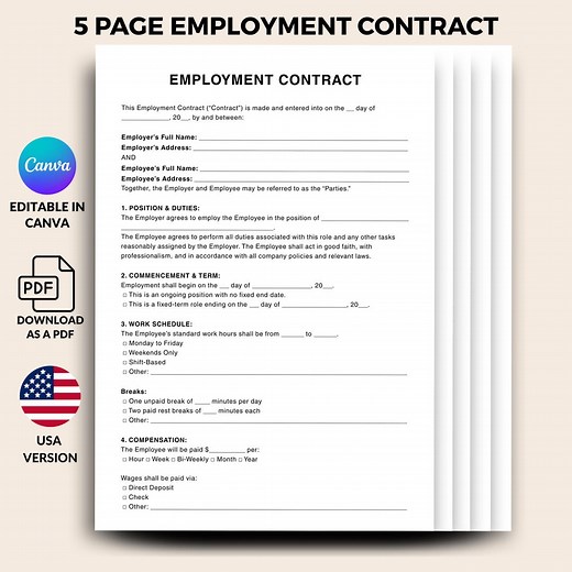 US Employment Contract Agreement Template, Printable HR Form for Employers & Employees, Editable Canva PDF, Instant Download A4 Form - Etsy