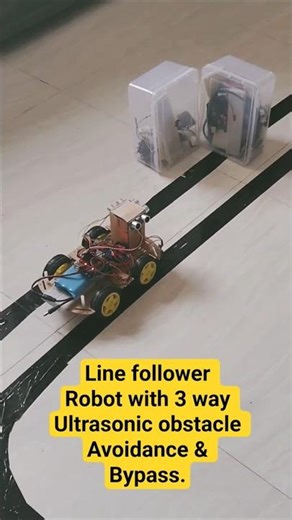 Line follower Robot with 3 way Ultrasonic obstacle Avoidance and Bypass #robot