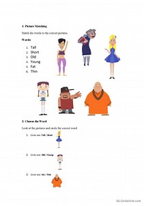 Adjectives tall, short, old, young, fat, thin related to the Unit 7 in Happy Street 1. The goal is to practice together with the video that is a vital part of the lesson.