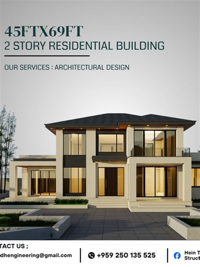 45ftx69ft 2 story Residential Building Architectural and Structural Design Project Facebook Page Link: https://www.facebook.com/heinthu.aung8/ Our available design services: -Architectural Design -Structural Design -Interior Design -Landscape Design -Estimate -Rendering & Visualization #architecture #interiordesign #homedesign #decoration #structuralengineering #renovation #construction