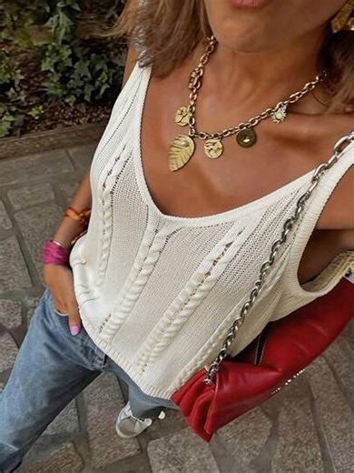 Women's Sleeveless V Neck Knit Top Regular Length Cable-Knit Ribbed Knitwear With Slight Stretch,Vacation Outfits,Summer Tops. | SHEIN