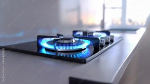 A modern kitchen in 4K UHD with a gas stovetop's burners ignited, showcasing a sleek design and vivid blue flames. The background includes kitchen utensils and a modern backsplash