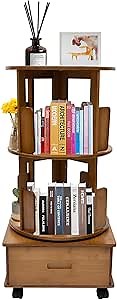 360° Rotating End Table with Double-Layer, Removable Swivel Bookcase with 1 Drawer and 8 Storage, Bamboo Nightstand End Table for Living Room, Bedroom, Study, Office (Tea Color)