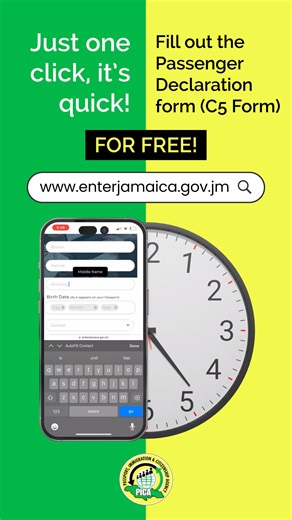 Just one click, it's quick! 🌴✈️ Complete your C5 form online and enjoy a smooth entry to Jamaica. #ToBeJamaican #PICA #JamaicaBound #QuickClick | Passport, Immigration & Citizenship Agency, Jamaica