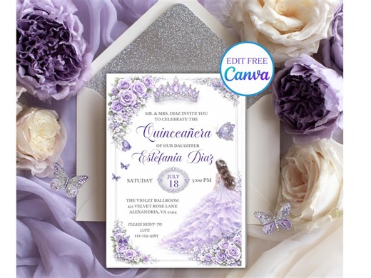 Elegant Lavender Silver Quinceañera Invitation Template | Purple Floral Quince Invite | Crown Quinceañera | Editable Canva Invite 5x7 - Etsy