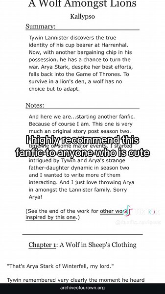 first fanfic review!! let me know your thoughts. comment some fanfic recs for me! #fanfic #gameofthrones #tywinlannister #aryastark #fanficreviews4u