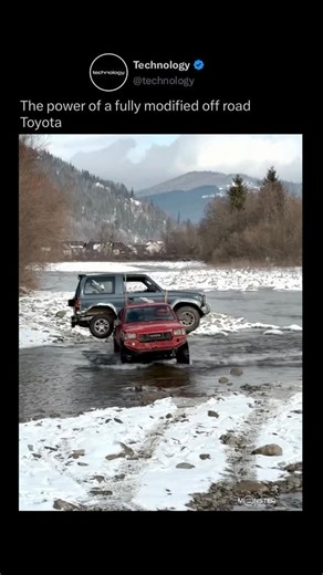 Technology on Instagram: "This off road Toyota pickup is built to handle extreme terrain, snow, and river crossings with ease. Its lifted suspension and rugged tires provide maximum traction and durability in harsh conditions. It shows how purpose built off road vehicles can go where ordinary cars cannot. Credits: @monster_toyo #toyota #truck #reels #technology #car"