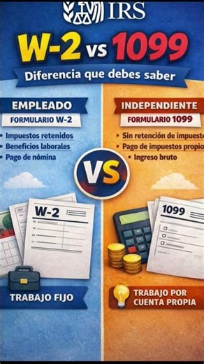 W-2 vs 1099: Diferencia que debes saber #W2#1099#IRS#ImpuestosUSA#Taxes#TaxTips#Ingresos#Empleados.
