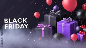 Black and Purple Gift Boxes with Balloons on a Dark Background. Seamless looping video background animation. Generated with AI