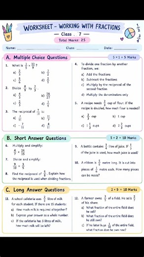 Class 7 Maths practice paper | working with fractions #maths #mathematics #math #class #fraction #yt