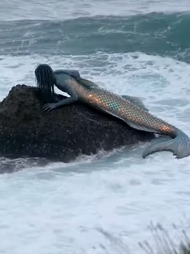 Dark mermaid spotted alone on the rocks during the stormy sea 🌊🧜‍♀️ #Mermaid #OceanMystery #FantasyCreature #SeaVibes #ViralVideo