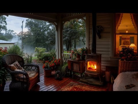 🔴Peaceful Rain Retreat 🌧️ | Crackling Fireplace in a Village Cabin with Gentle Thunderstorm Sounds