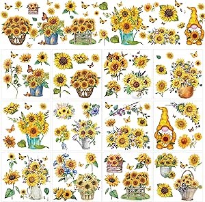 Sunflower Rub on Transfers for Crafts - 12 Sheets Floral Butterfly Rub on Transfers for Furniture Gnome Flower Rub on Transfer Decal Stickers for Wood DIY Craft Scrapbooking Office Home Decor